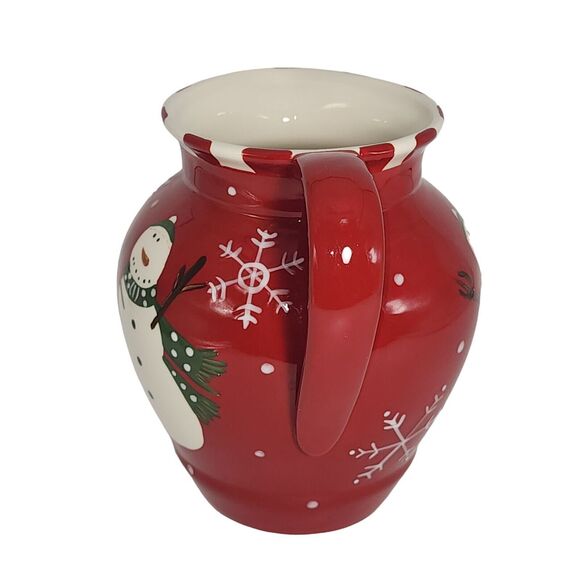 Snowman And Snowflakes Red Christmas Ceramic Pitcher Holiday Decor 7x7in - Picture 8 of 8